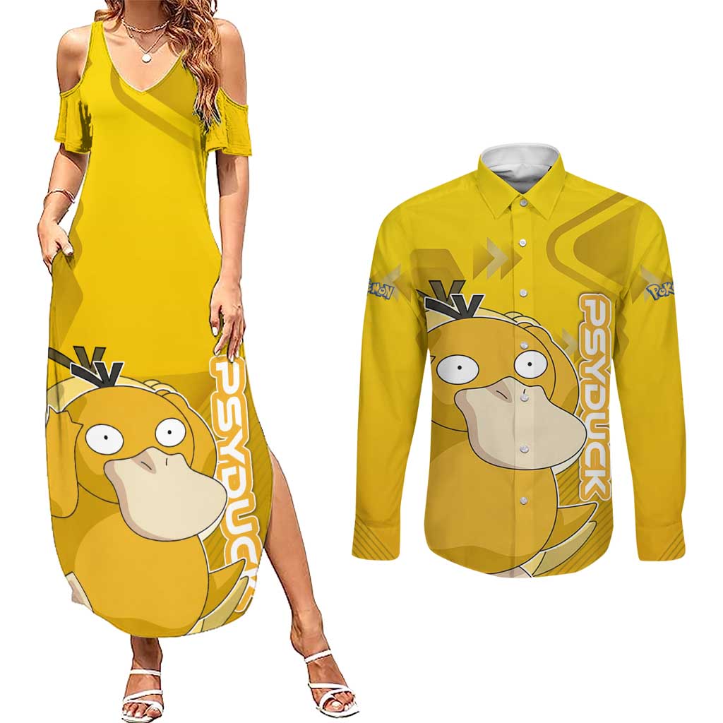 Psyduck Poké Couples Matching Summer Maxi Dress and Long Sleeve Button Shirt Confused Yellow Cartoon Vector Style