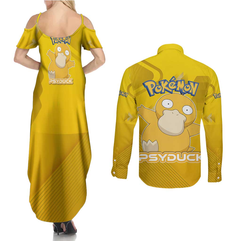 Psyduck Poké Couples Matching Summer Maxi Dress and Long Sleeve Button Shirt Confused Yellow Cartoon Vector Style