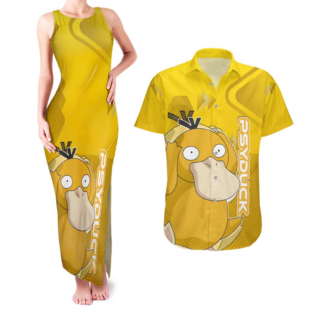 Psyduck Poké Couples Matching Tank Maxi Dress and Hawaiian Shirt Confused Yellow Cartoon Vector Style