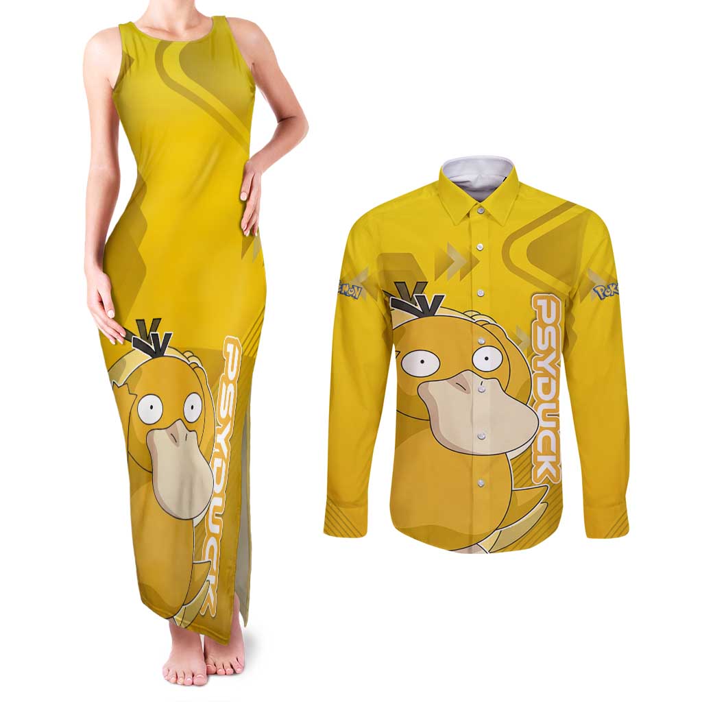 Psyduck Poké Couples Matching Tank Maxi Dress and Long Sleeve Button Shirt Confused Yellow Cartoon Vector Style