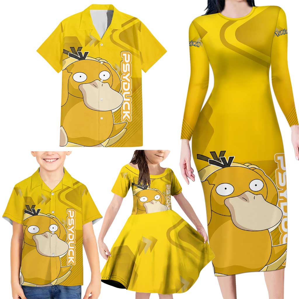 Psyduck Poké Family Matching Long Sleeve Bodycon Dress and Hawaiian Shirt Confused Yellow Cartoon Vector Style