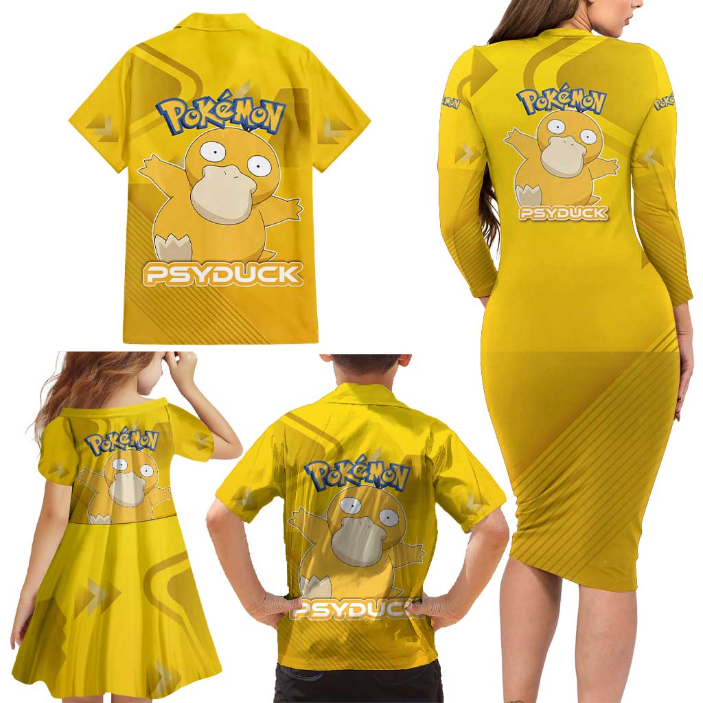 Psyduck Poké Family Matching Long Sleeve Bodycon Dress and Hawaiian Shirt Confused Yellow Cartoon Vector Style