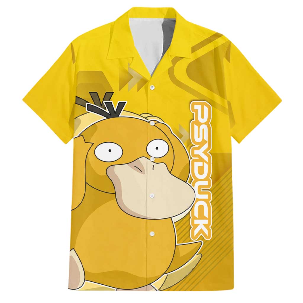 Psyduck Poké Family Matching Long Sleeve Bodycon Dress and Hawaiian Shirt Confused Yellow Cartoon Vector Style
