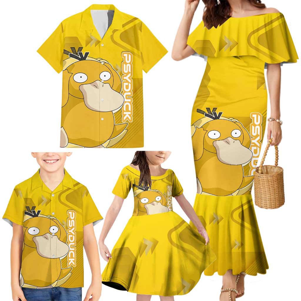 Psyduck Poké Family Matching Mermaid Dress and Hawaiian Shirt Confused Yellow Cartoon Vector Style