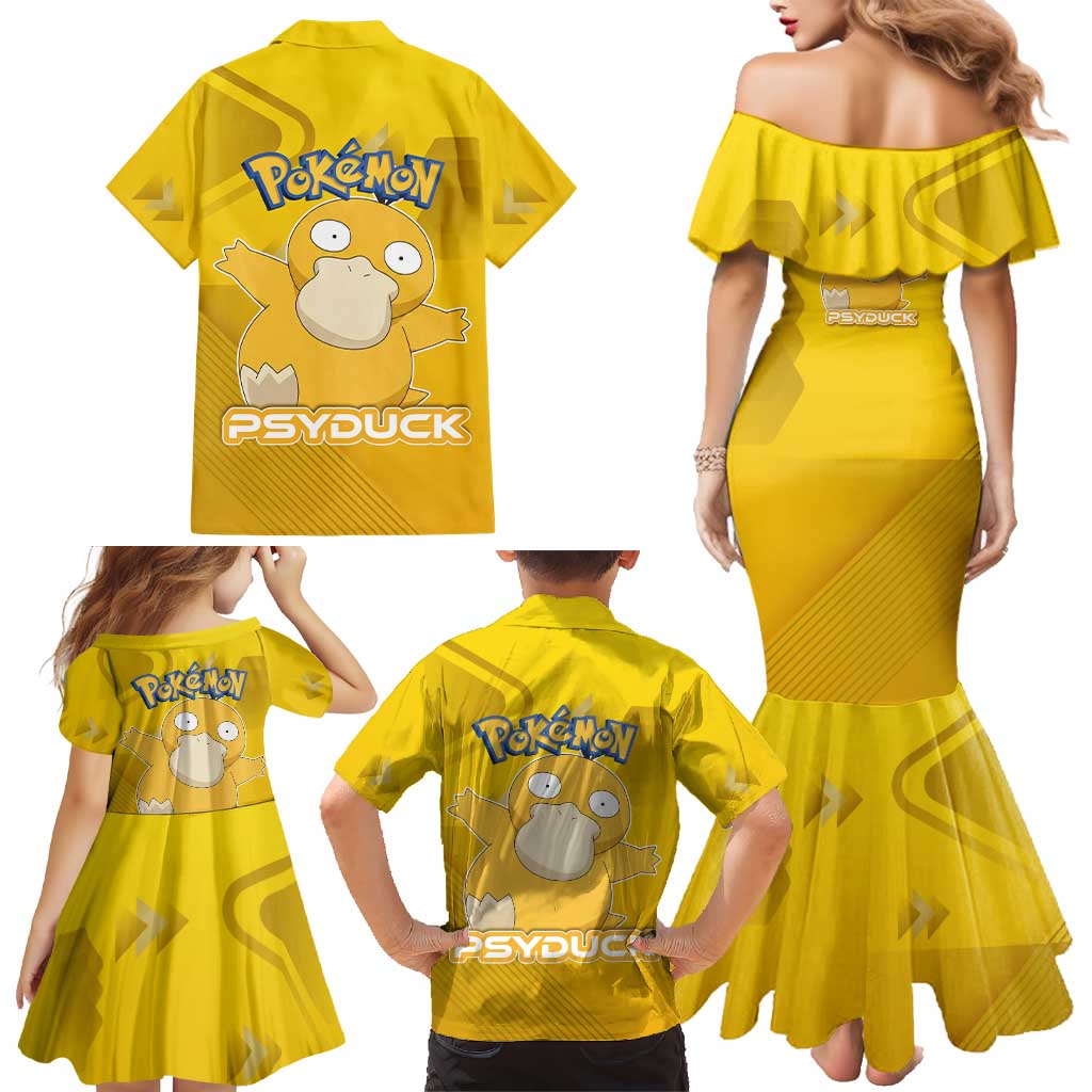 Psyduck Poké Family Matching Mermaid Dress and Hawaiian Shirt Confused Yellow Cartoon Vector Style