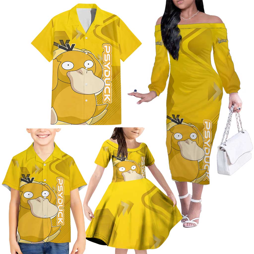Psyduck Poké Family Matching Off The Shoulder Long Sleeve Dress and Hawaiian Shirt Confused Yellow Cartoon Vector Style