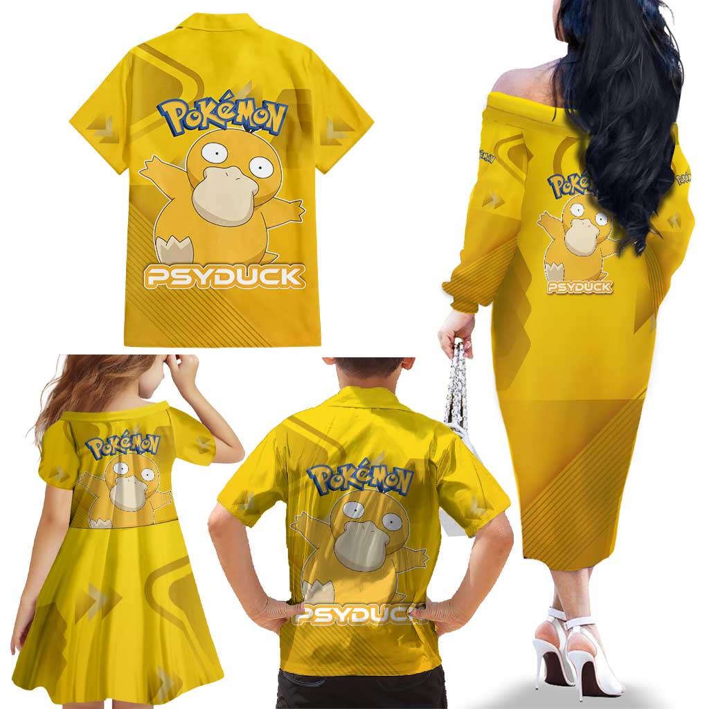 Psyduck Poké Family Matching Off The Shoulder Long Sleeve Dress and Hawaiian Shirt Confused Yellow Cartoon Vector Style