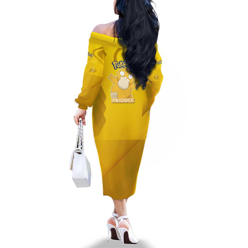 Psyduck Poké Family Matching Off The Shoulder Long Sleeve Dress and Hawaiian Shirt Confused Yellow Cartoon Vector Style
