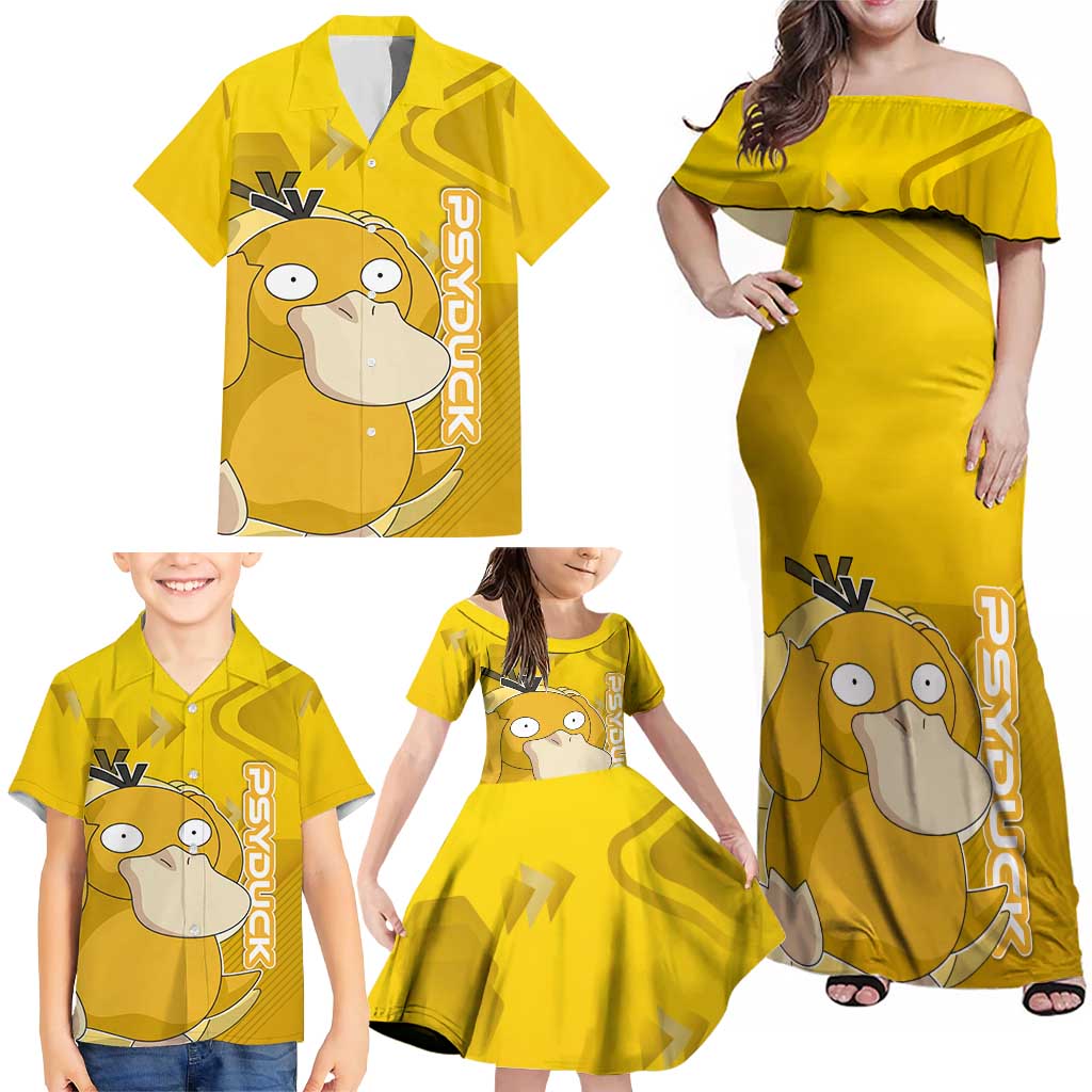 Psyduck Poké Family Matching Off Shoulder Maxi Dress and Hawaiian Shirt Confused Yellow Cartoon Vector Style