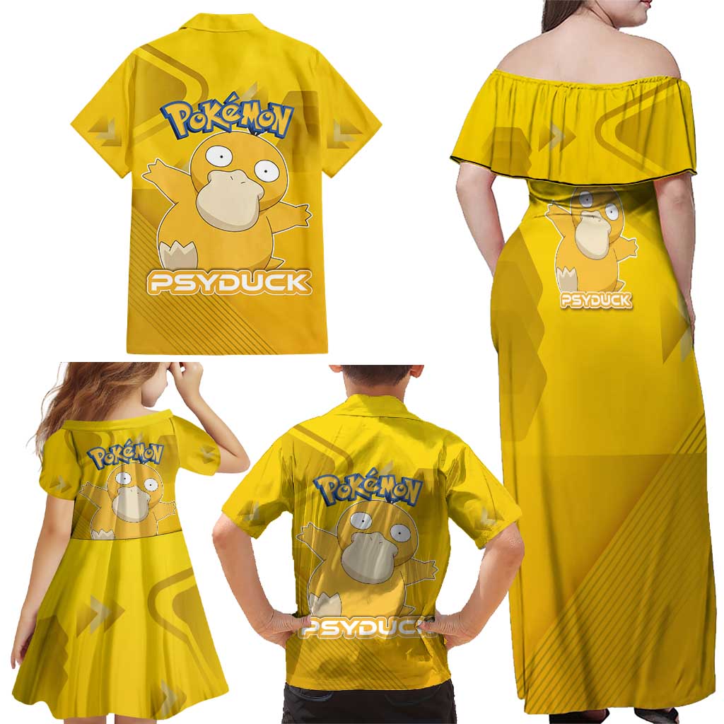 Psyduck Poké Family Matching Off Shoulder Maxi Dress and Hawaiian Shirt Confused Yellow Cartoon Vector Style