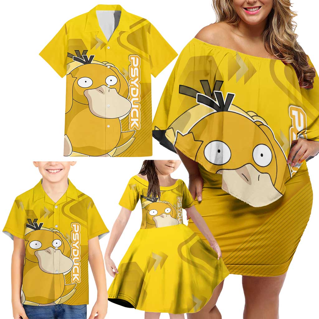 Psyduck Poké Family Matching Off Shoulder Short Dress and Hawaiian Shirt Confused Yellow Cartoon Vector Style