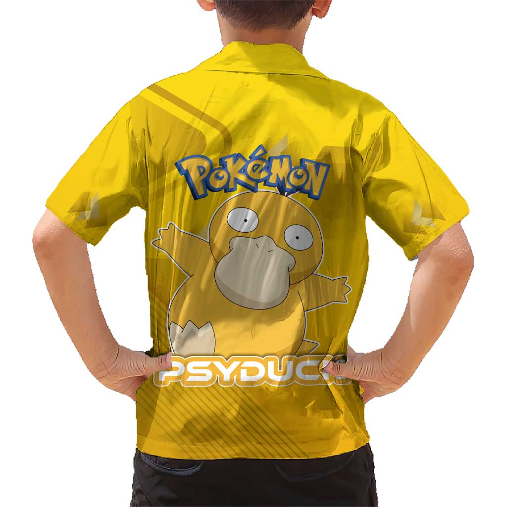 Psyduck Poké Family Matching Off Shoulder Short Dress and Hawaiian Shirt Confused Yellow Cartoon Vector Style