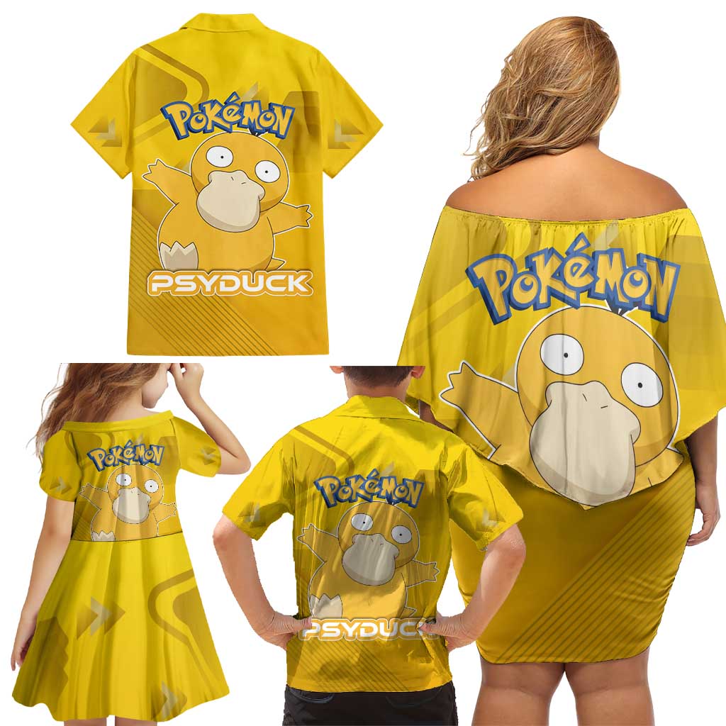 Psyduck Poké Family Matching Off Shoulder Short Dress and Hawaiian Shirt Confused Yellow Cartoon Vector Style