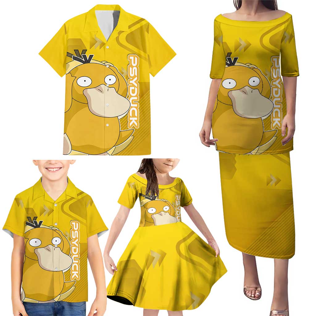 Psyduck Poké Family Matching Puletasi and Hawaiian Shirt Confused Yellow Cartoon Vector Style