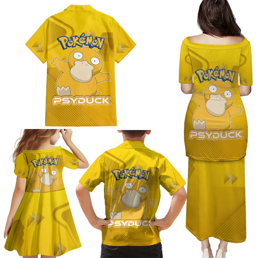 Psyduck Poké Family Matching Puletasi and Hawaiian Shirt Confused Yellow Cartoon Vector Style