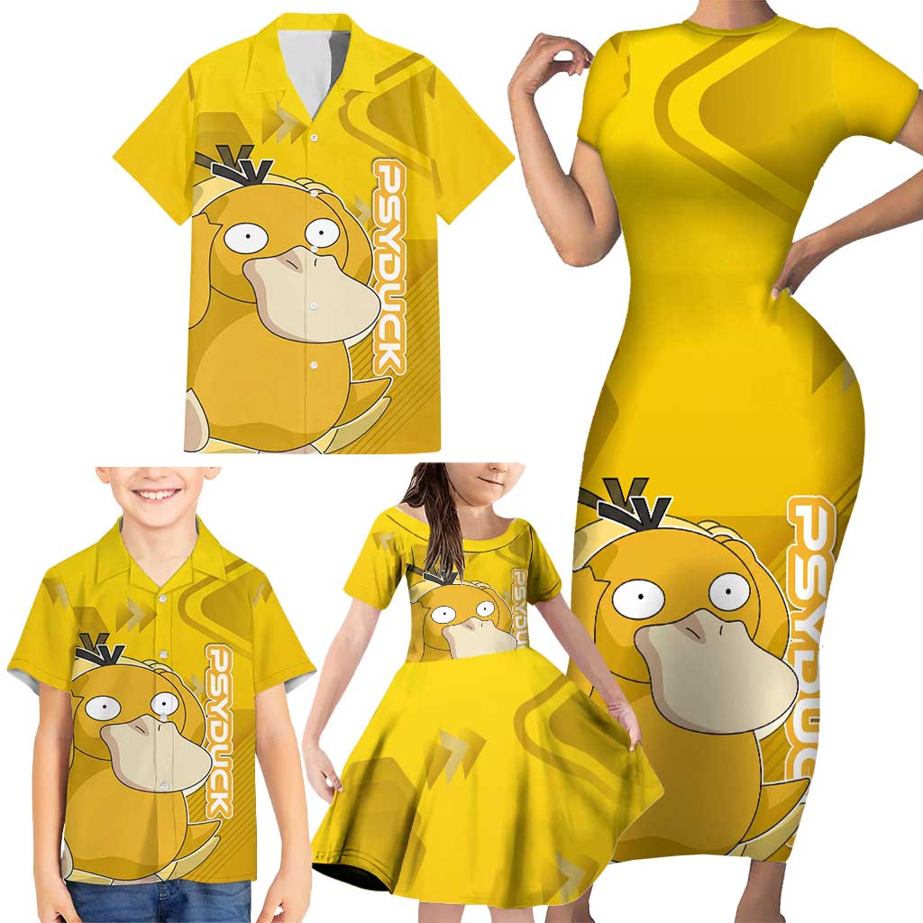 Psyduck Poké Family Matching Short Sleeve Bodycon Dress and Hawaiian Shirt Confused Yellow Cartoon Vector Style