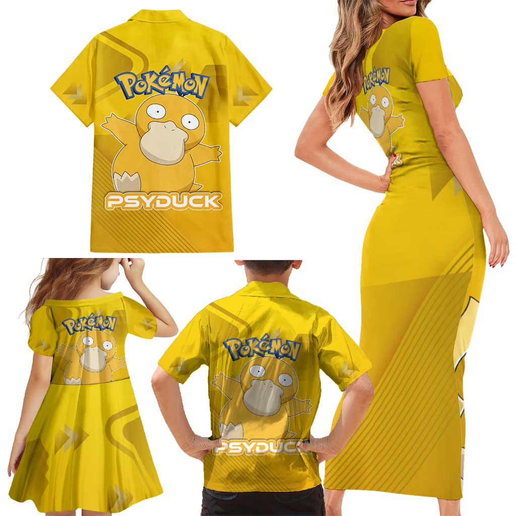 Psyduck Poké Family Matching Short Sleeve Bodycon Dress and Hawaiian Shirt Confused Yellow Cartoon Vector Style