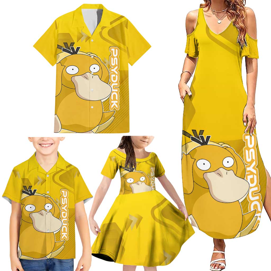 Psyduck Poké Family Matching Summer Maxi Dress and Hawaiian Shirt Confused Yellow Cartoon Vector Style