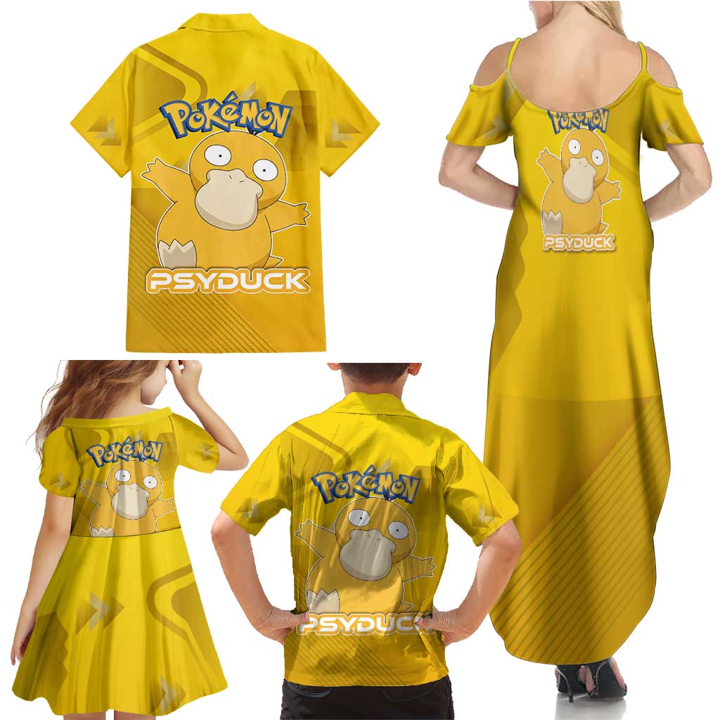 Psyduck Poké Family Matching Summer Maxi Dress and Hawaiian Shirt Confused Yellow Cartoon Vector Style