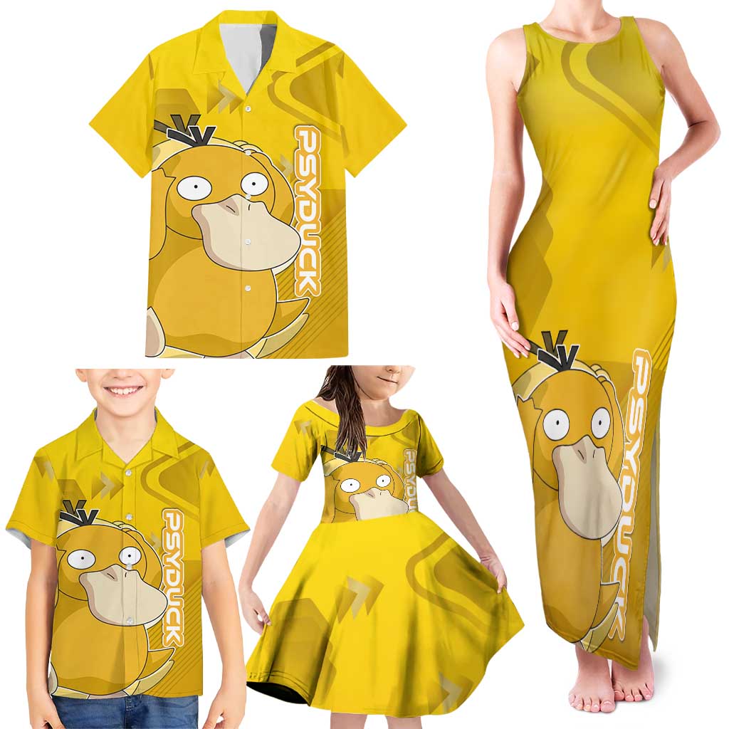 Psyduck Poké Family Matching Tank Maxi Dress and Hawaiian Shirt Confused Yellow Cartoon Vector Style