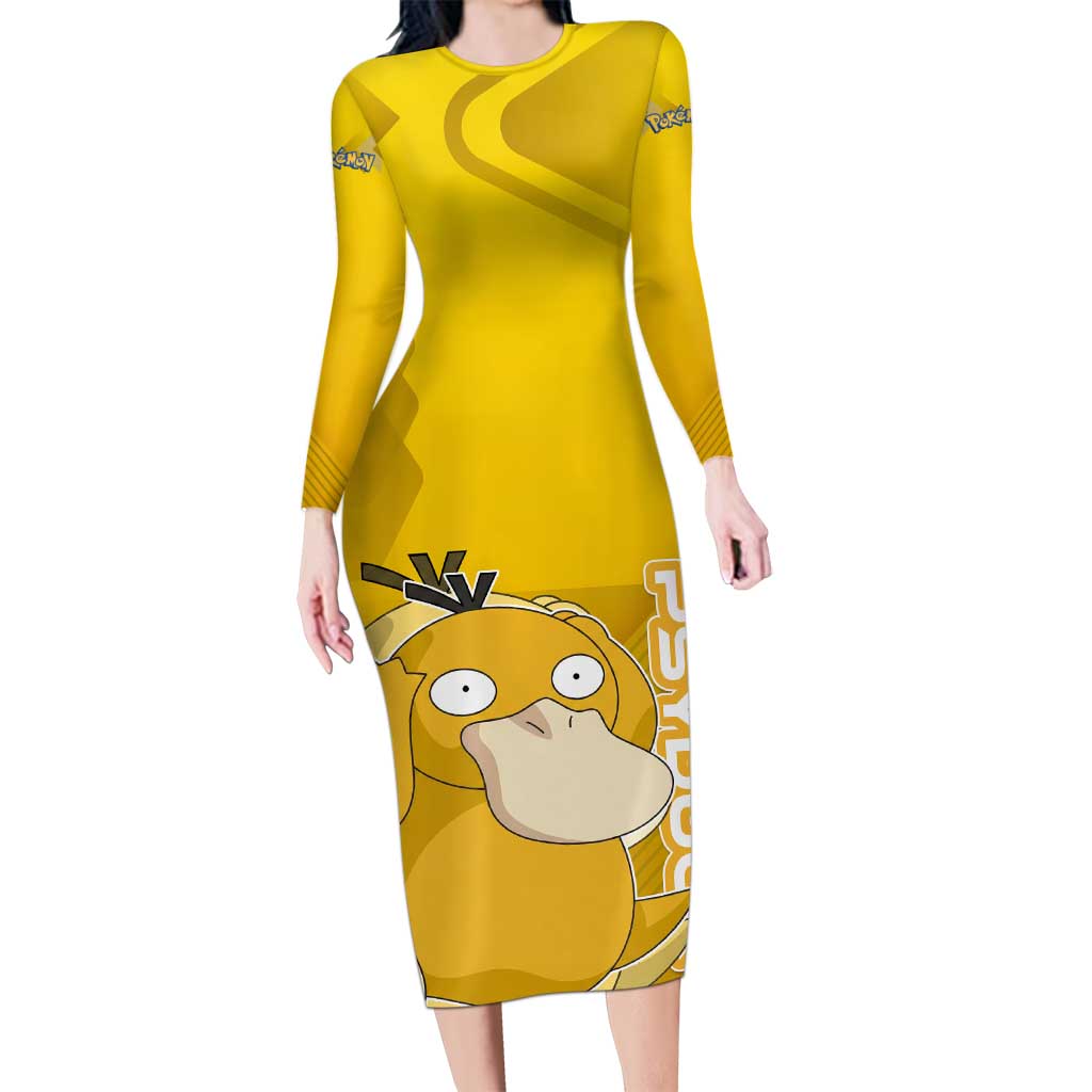 Psyduck Poké Long Sleeve Bodycon Dress Confused Yellow Cartoon Vector Style
