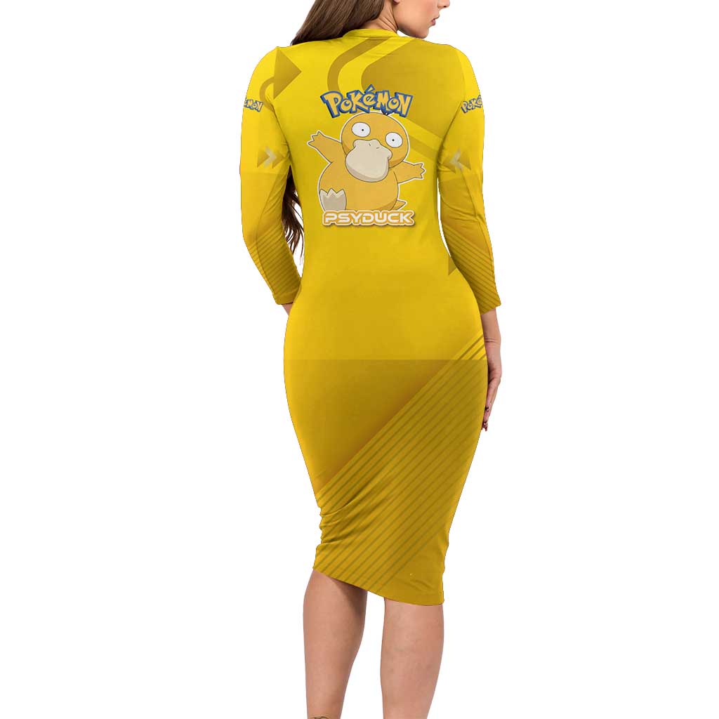 Psyduck Poké Long Sleeve Bodycon Dress Confused Yellow Cartoon Vector Style