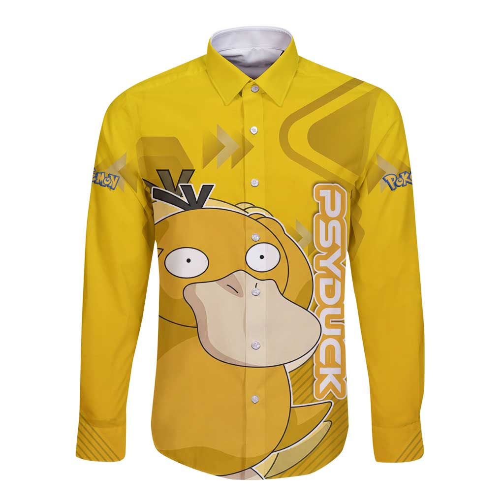 Psyduck Poké Long Sleeve Button Shirt Confused Yellow Cartoon Vector Style