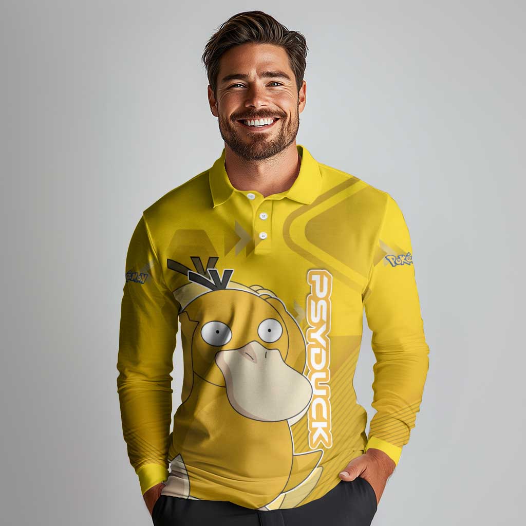 Psyduck Poké Long Sleeve Polo Shirt Confused Yellow Cartoon Vector Style