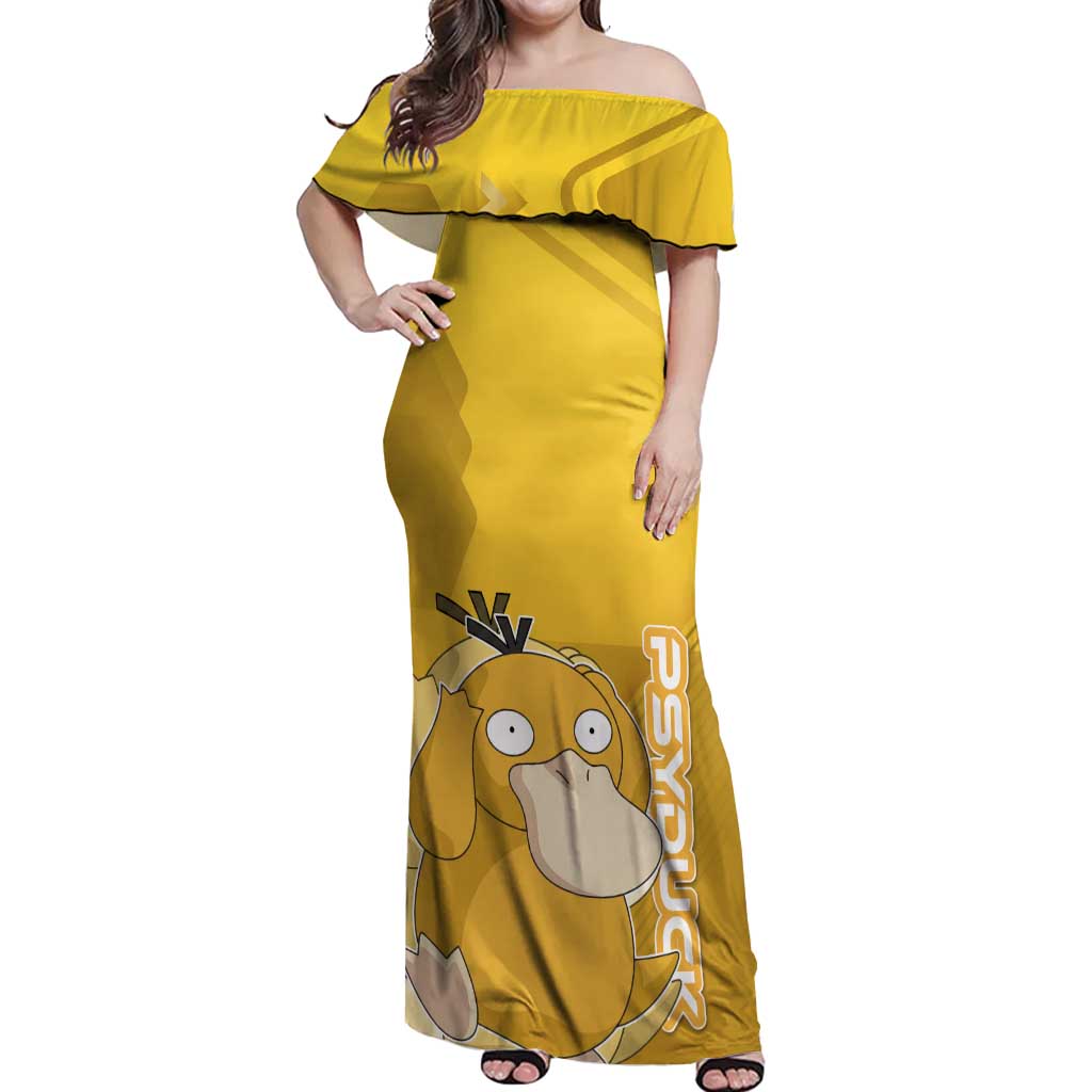Psyduck Poké Off Shoulder Maxi Dress Confused Yellow Cartoon Vector Style