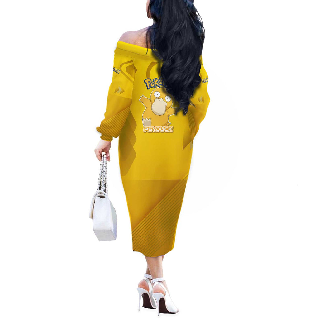 Psyduck Poké Off The Shoulder Long Sleeve Dress Confused Yellow Cartoon Vector Style