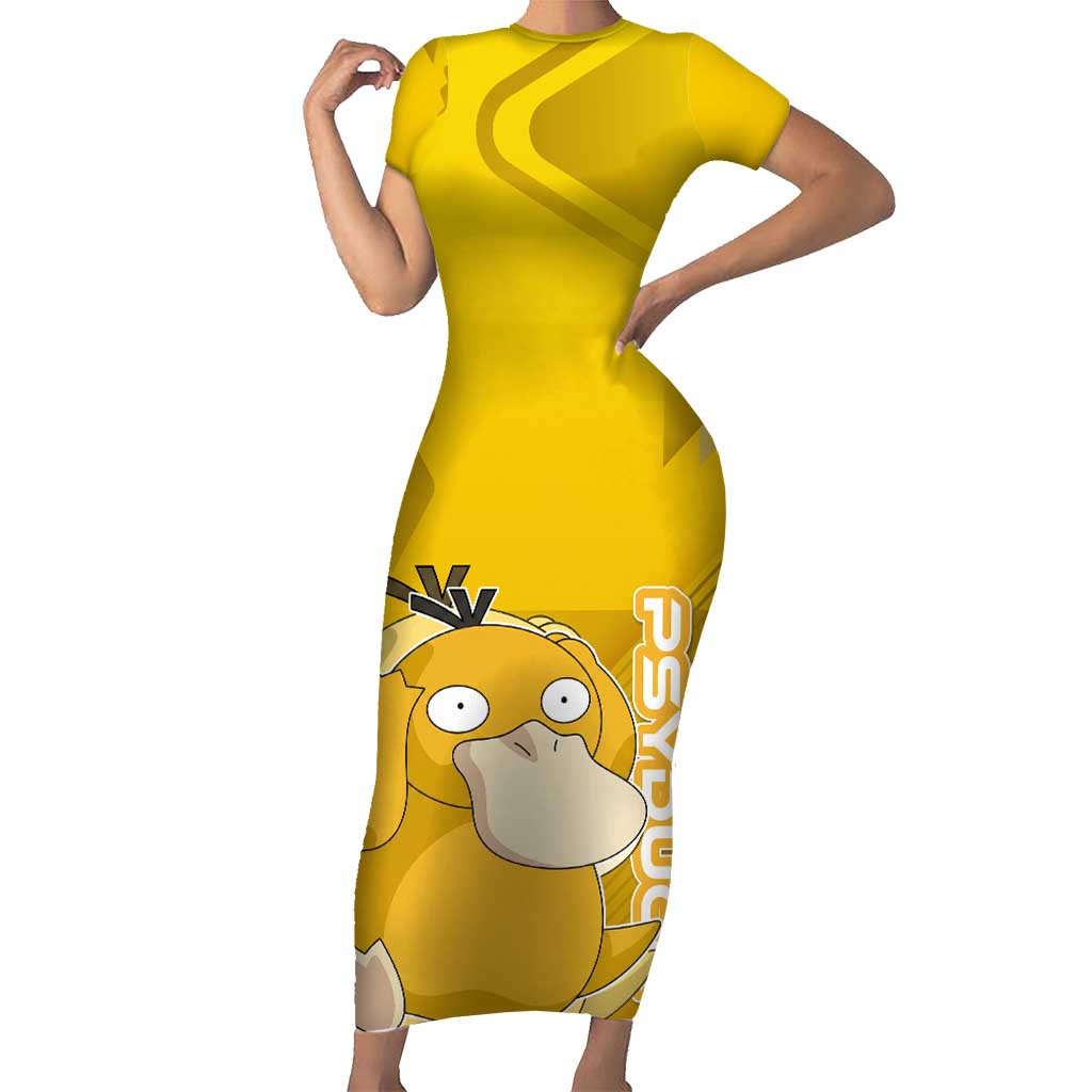 Psyduck Poké Short Sleeve Bodycon Dress Confused Yellow Cartoon Vector Style