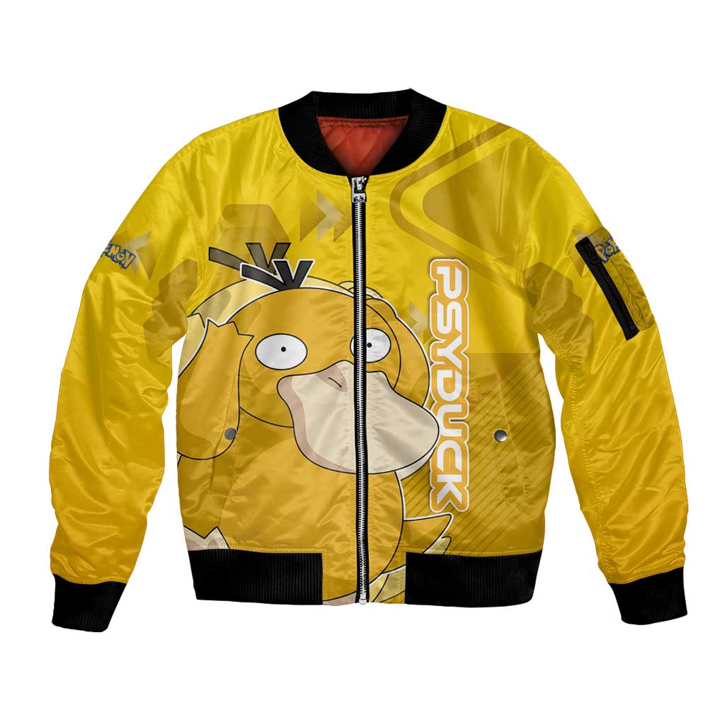 Psyduck Poké Sleeve Zip Bomber Jacket Confused Yellow Cartoon Vector Style