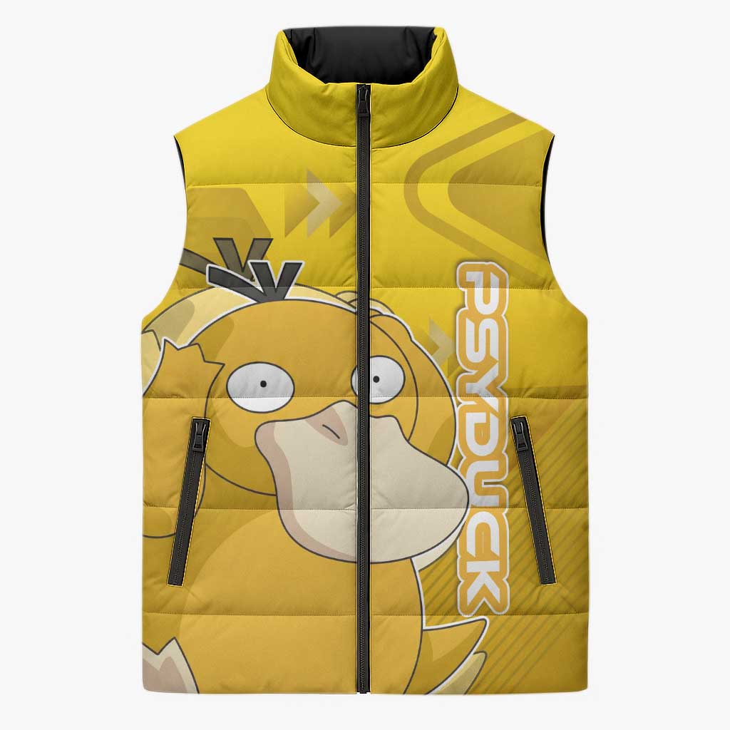 Psyduck Poké Sleeveless Puffer Jacket Confused Yellow Cartoon Vector Style