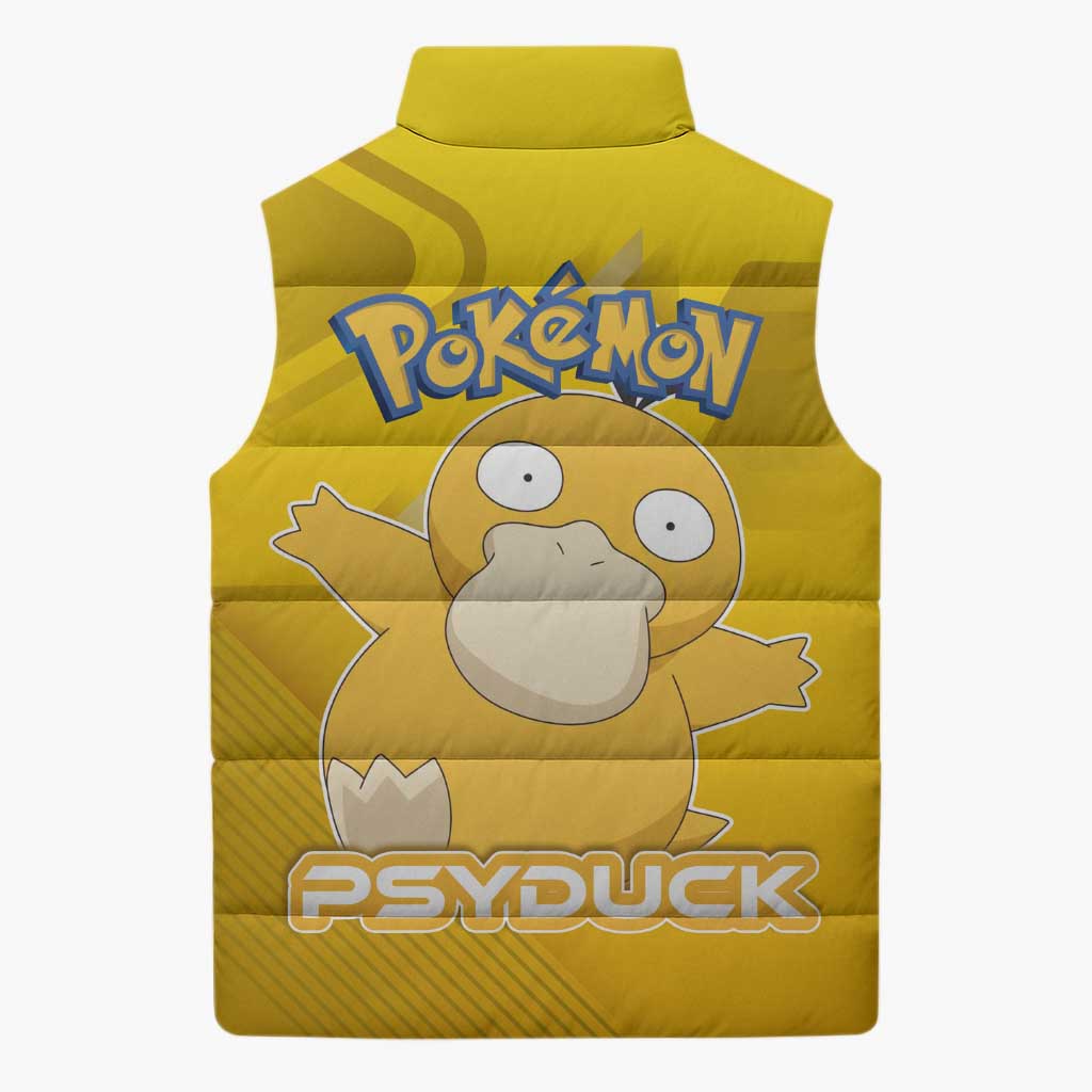 Psyduck Poké Sleeveless Puffer Jacket Confused Yellow Cartoon Vector Style