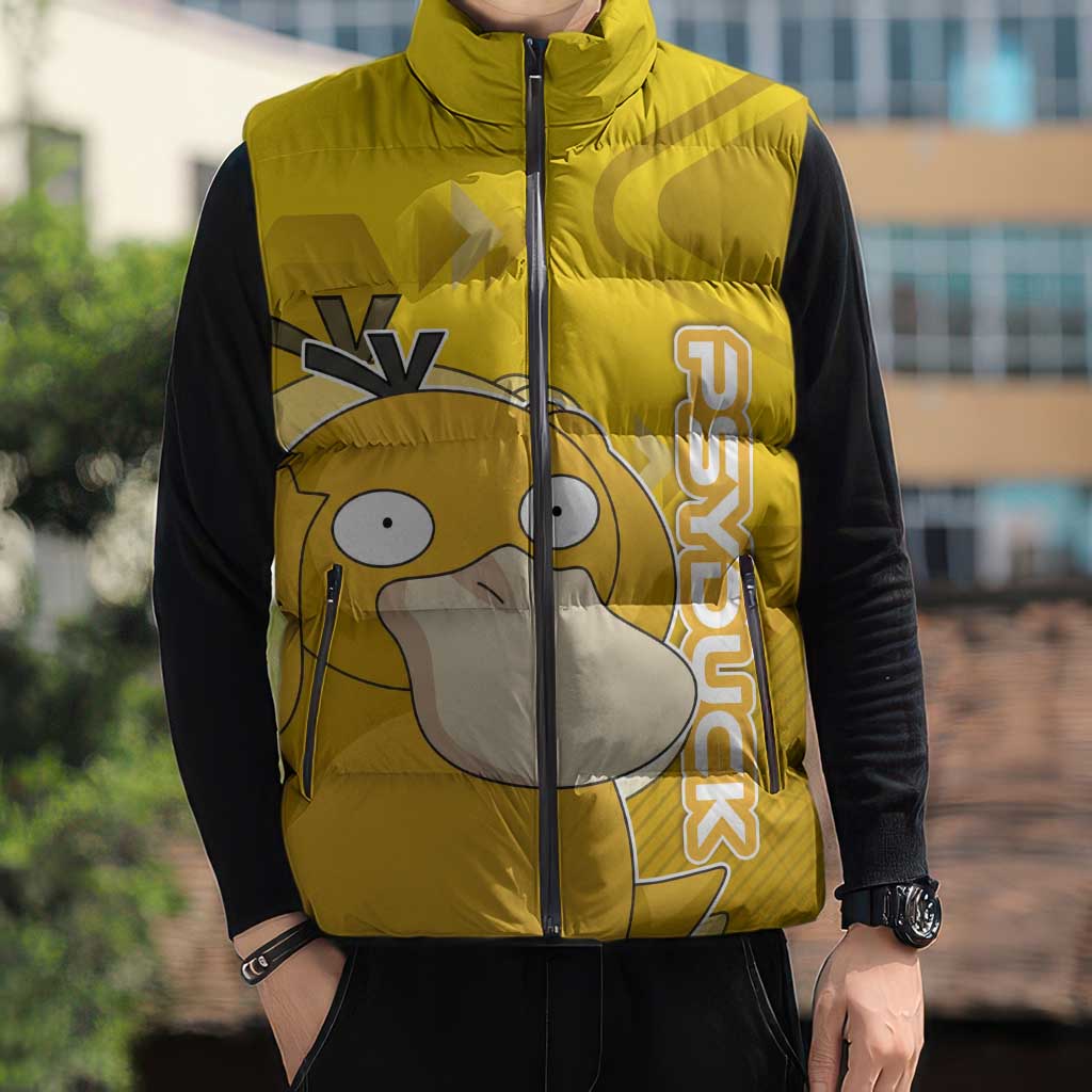 Psyduck Poké Sleeveless Puffer Jacket Confused Yellow Cartoon Vector Style