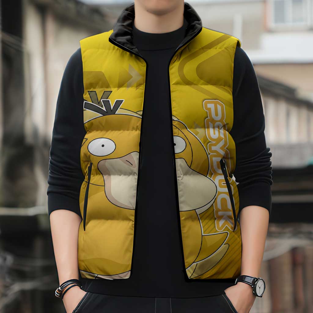Psyduck Poké Sleeveless Puffer Jacket Confused Yellow Cartoon Vector Style