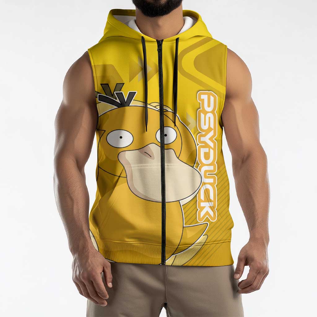 Psyduck Poké Sleeveless Zip Hoodie Confused Yellow Cartoon Vector Style