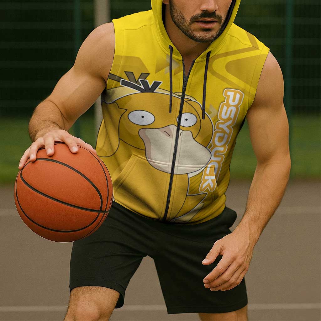 Psyduck Poké Sleeveless Zip Hoodie Confused Yellow Cartoon Vector Style