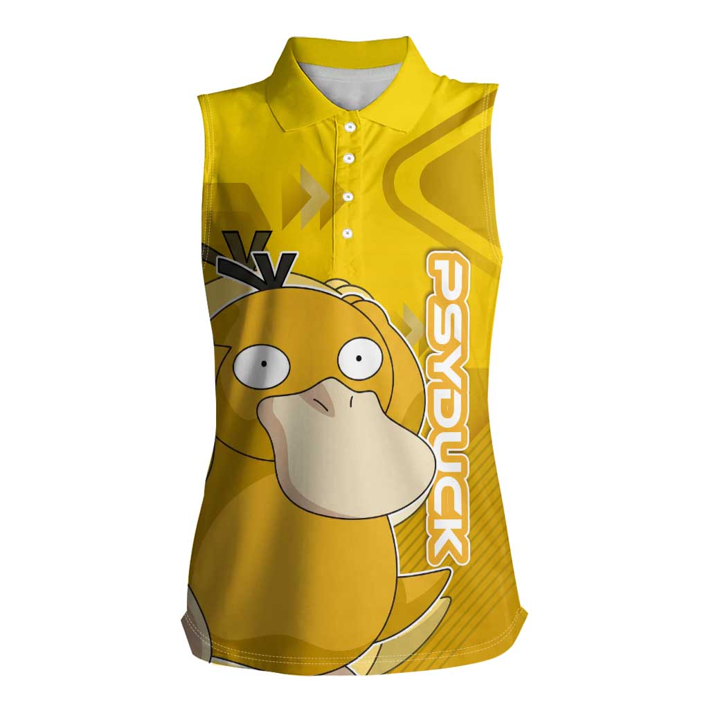 Psyduck Poké Women Sleeveless Polo Shirt Confused Yellow Cartoon Vector Style