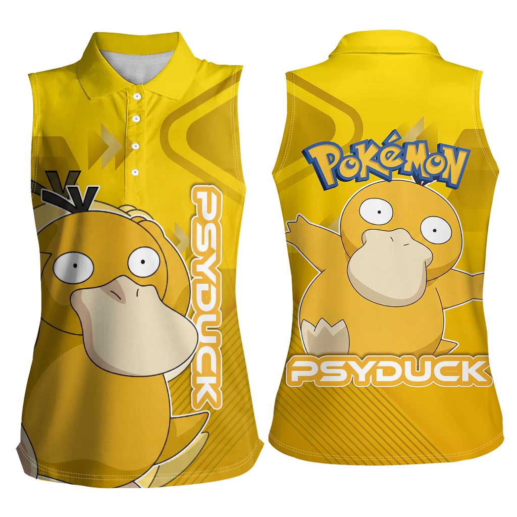 Psyduck Poké Women Sleeveless Polo Shirt Confused Yellow Cartoon Vector Style