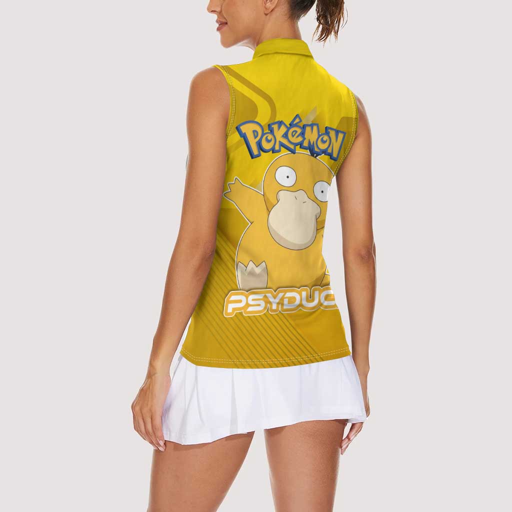 Psyduck Poké Women Sleeveless Polo Shirt Confused Yellow Cartoon Vector Style