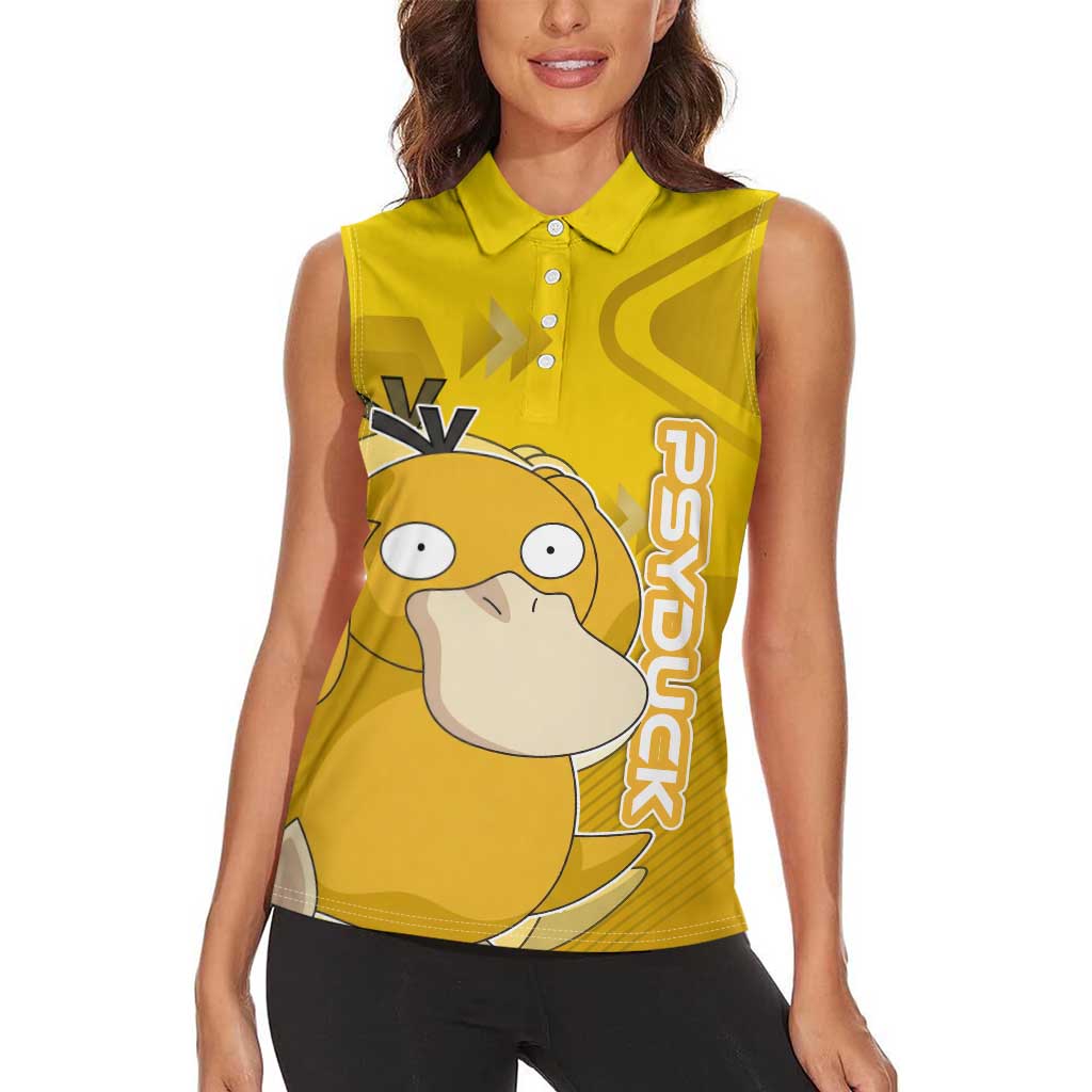Psyduck Poké Women Sleeveless Polo Shirt Confused Yellow Cartoon Vector Style