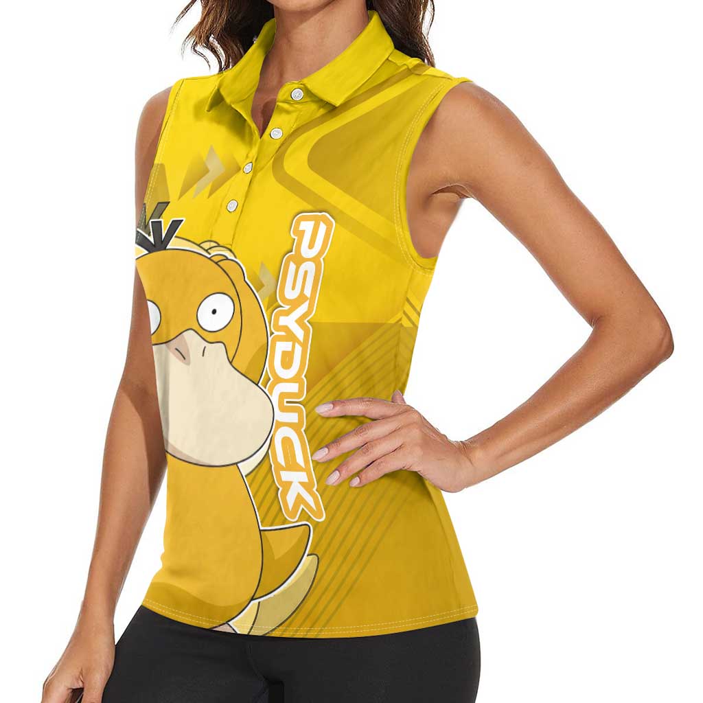 Psyduck Poké Women Sleeveless Polo Shirt Confused Yellow Cartoon Vector Style