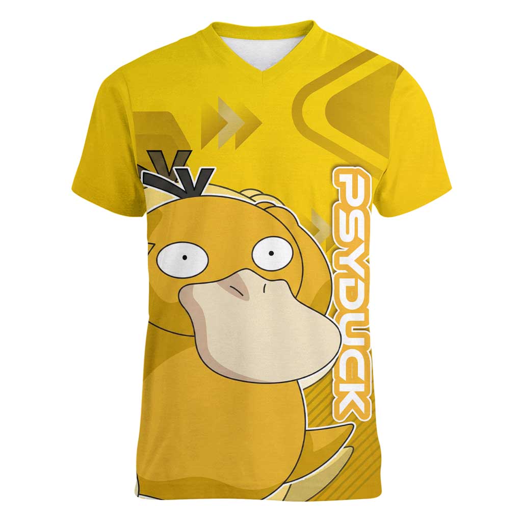 Psyduck Poké Women V-Neck T-Shirt Confused Yellow Cartoon Vector Style