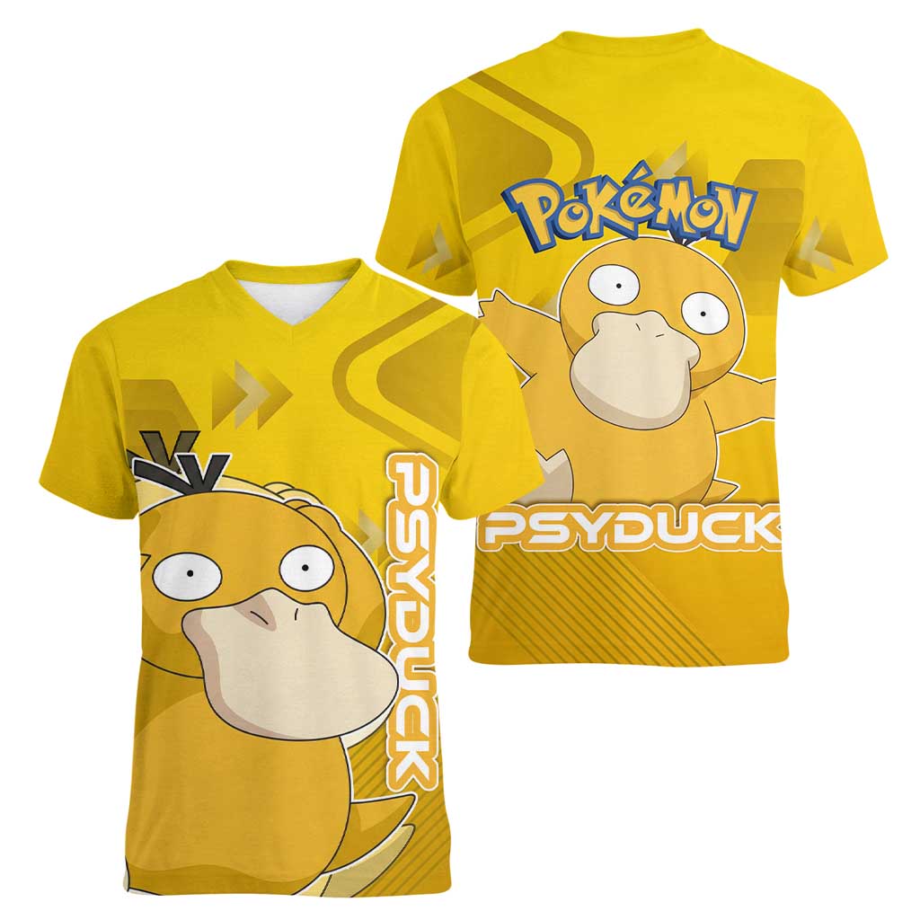 Psyduck Poké Women V-Neck T-Shirt Confused Yellow Cartoon Vector Style