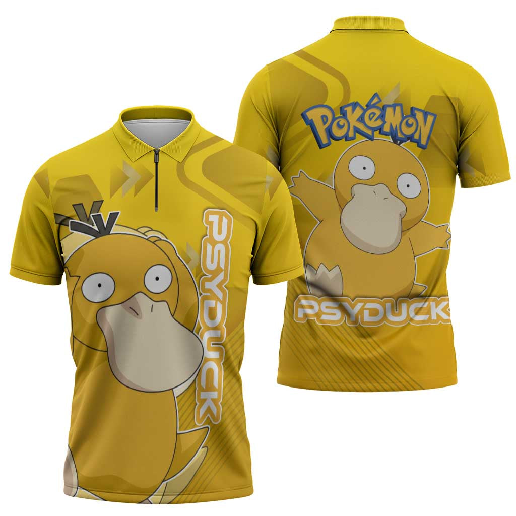 Psyduck Poké Zipper Polo Shirt Confused Yellow Cartoon Vector Style