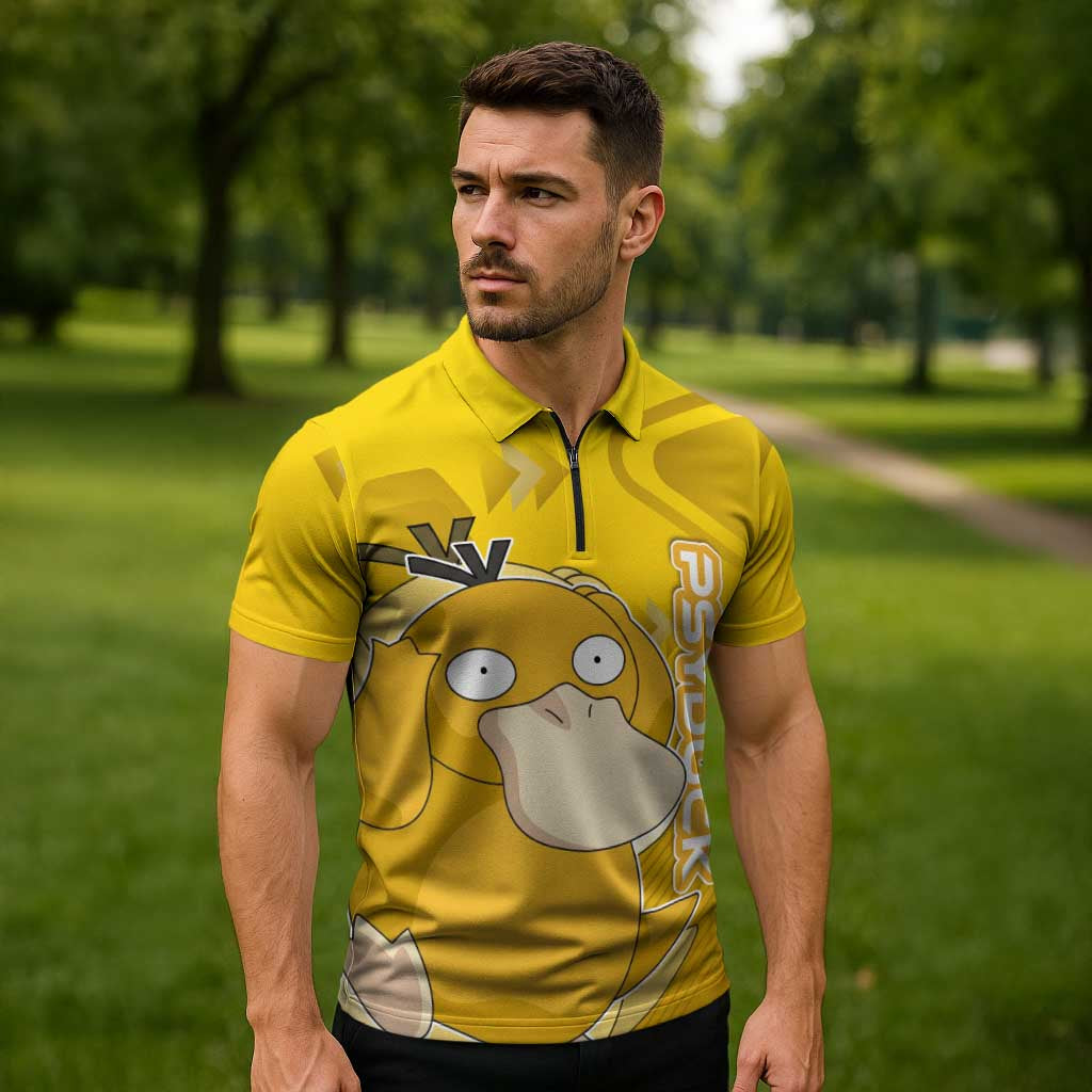 Psyduck Poké Zipper Polo Shirt Confused Yellow Cartoon Vector Style
