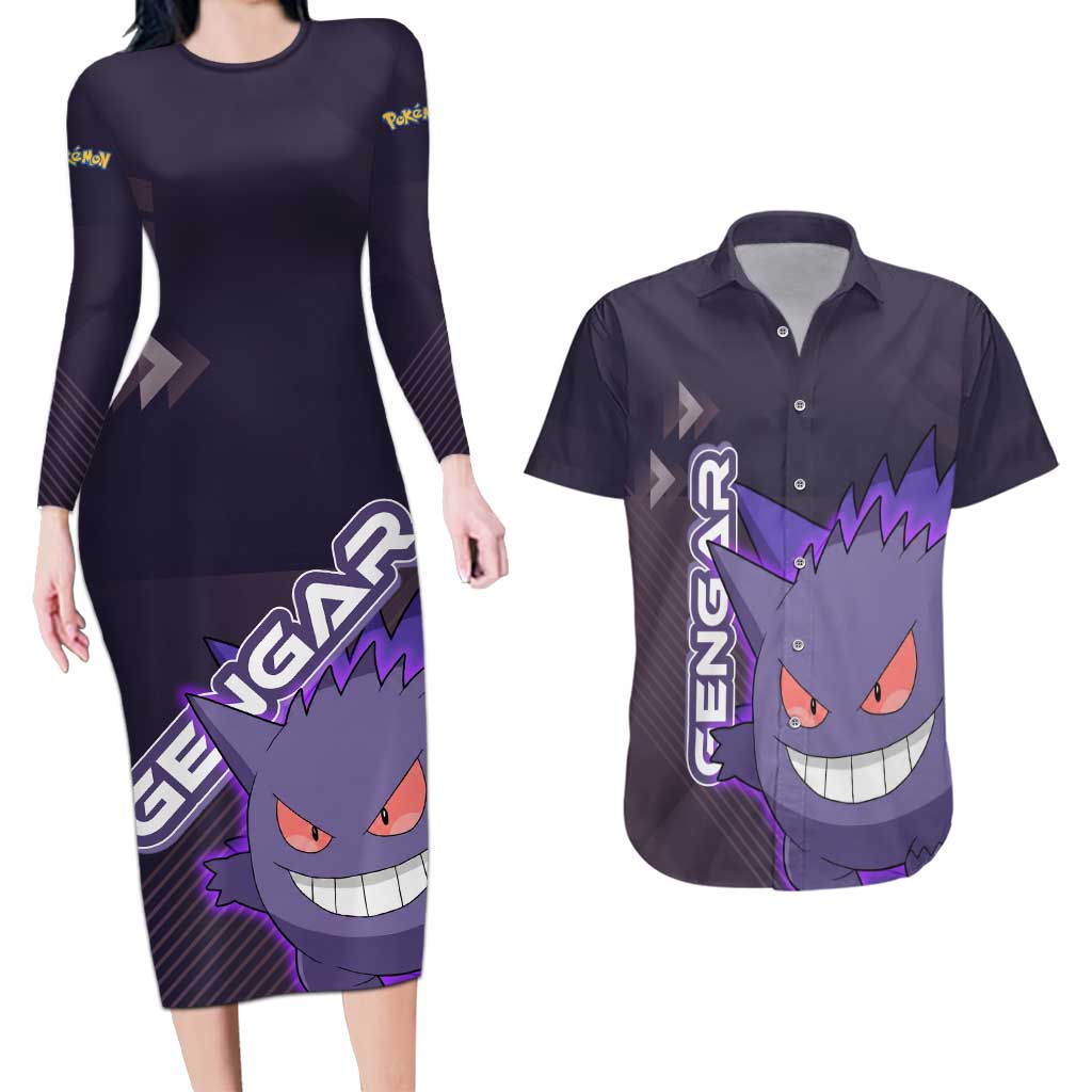 Gengar Poké Couples Matching Long Sleeve Bodycon Dress and Hawaiian Shirt Neon Shadow Anime Glow Style