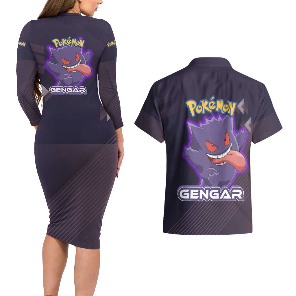 Gengar Poké Couples Matching Long Sleeve Bodycon Dress and Hawaiian Shirt Neon Shadow Anime Glow Style