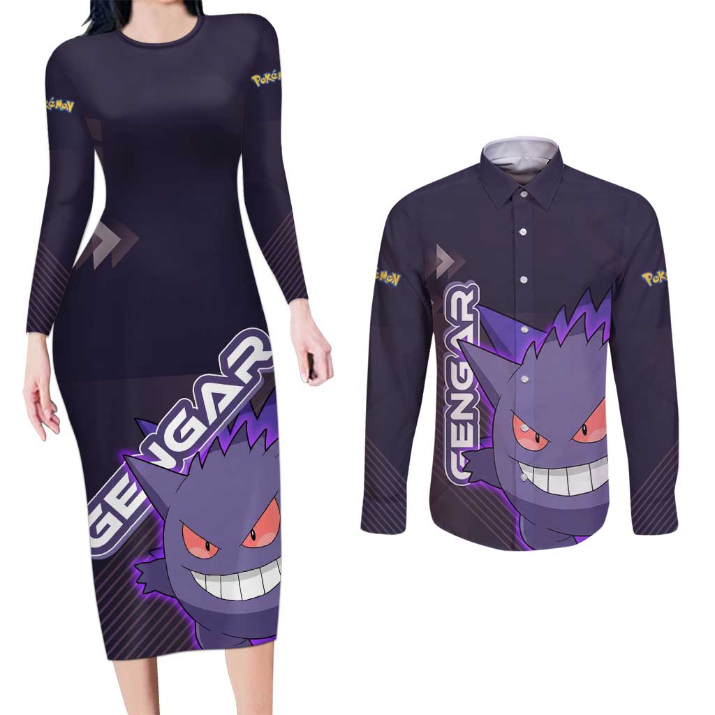 Gengar Poké Couples Matching Long Sleeve Bodycon Dress and Long Sleeve Button Shirt Neon Shadow Anime Glow Style